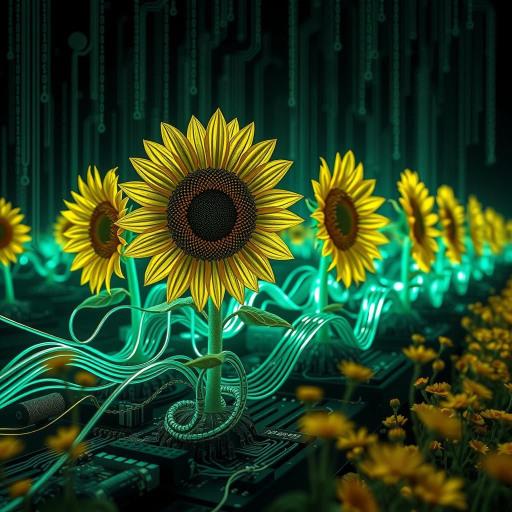 Bioluminescent Circuitry Sunflower Landscape