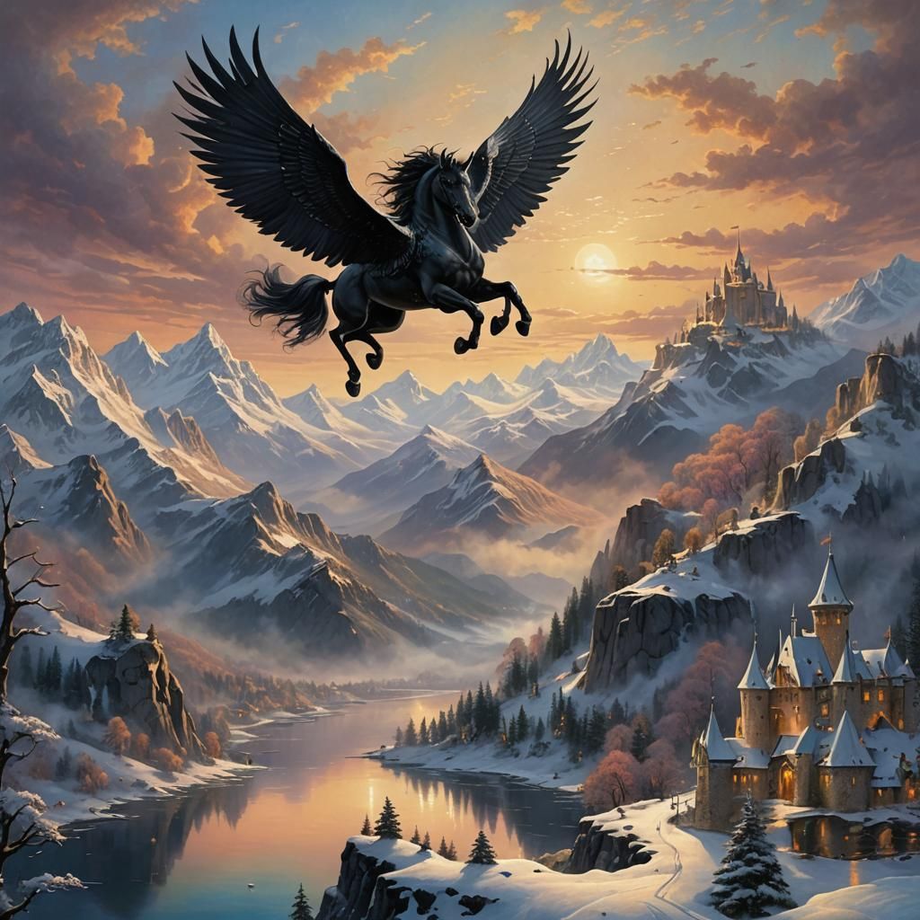 Black Pegasus Sunset Flight Over Snowy Mountains
