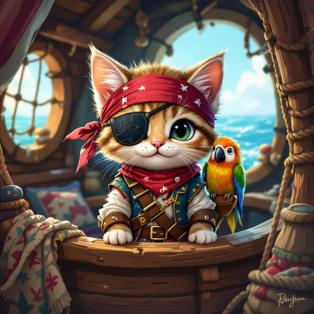 Pirate Kitten with Parrot in Whimsical Style