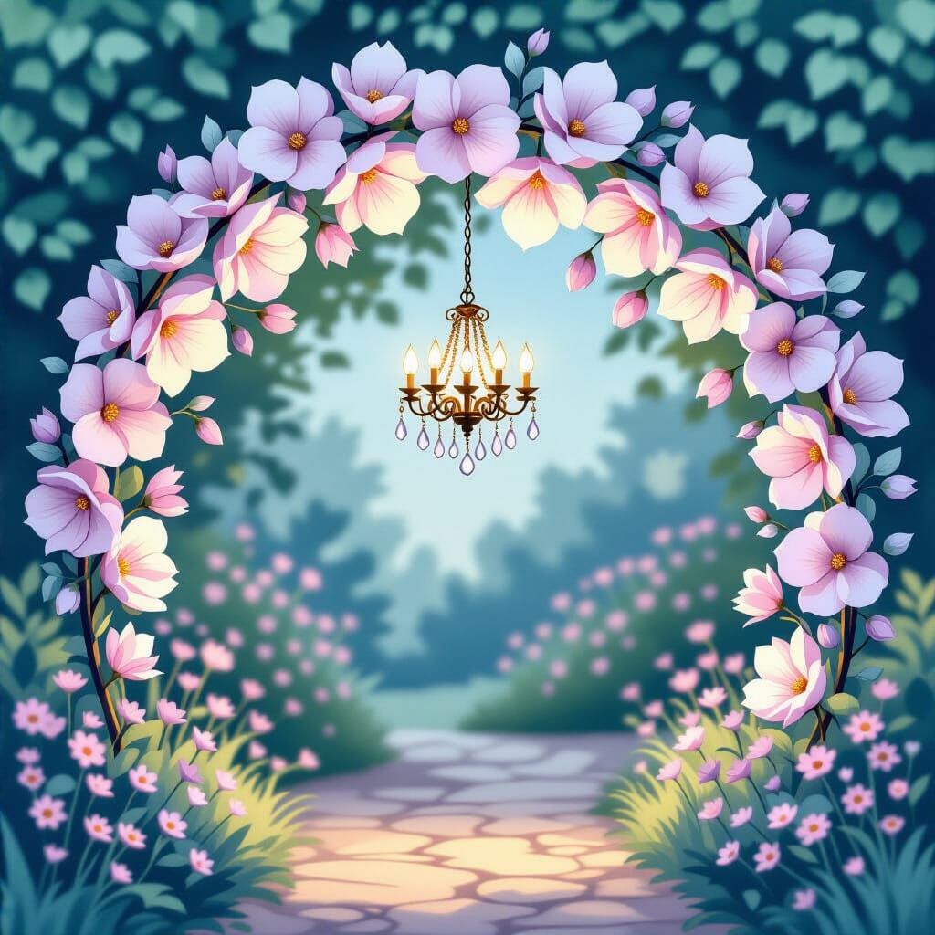 Whimsical Flower with Chandelier in Twilight Garden
