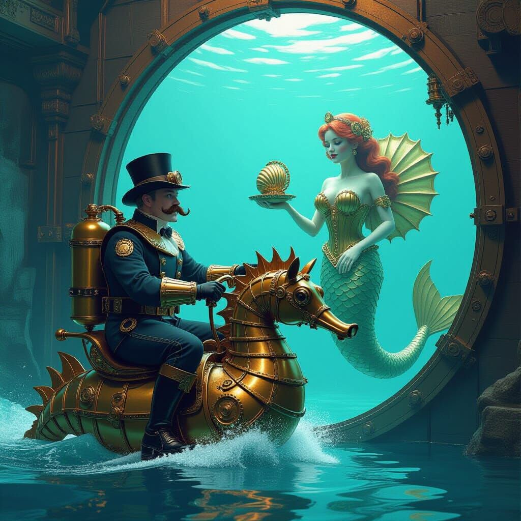 An inventor rides a gear-operated seahorse past a window revealing a mechanical mermaid