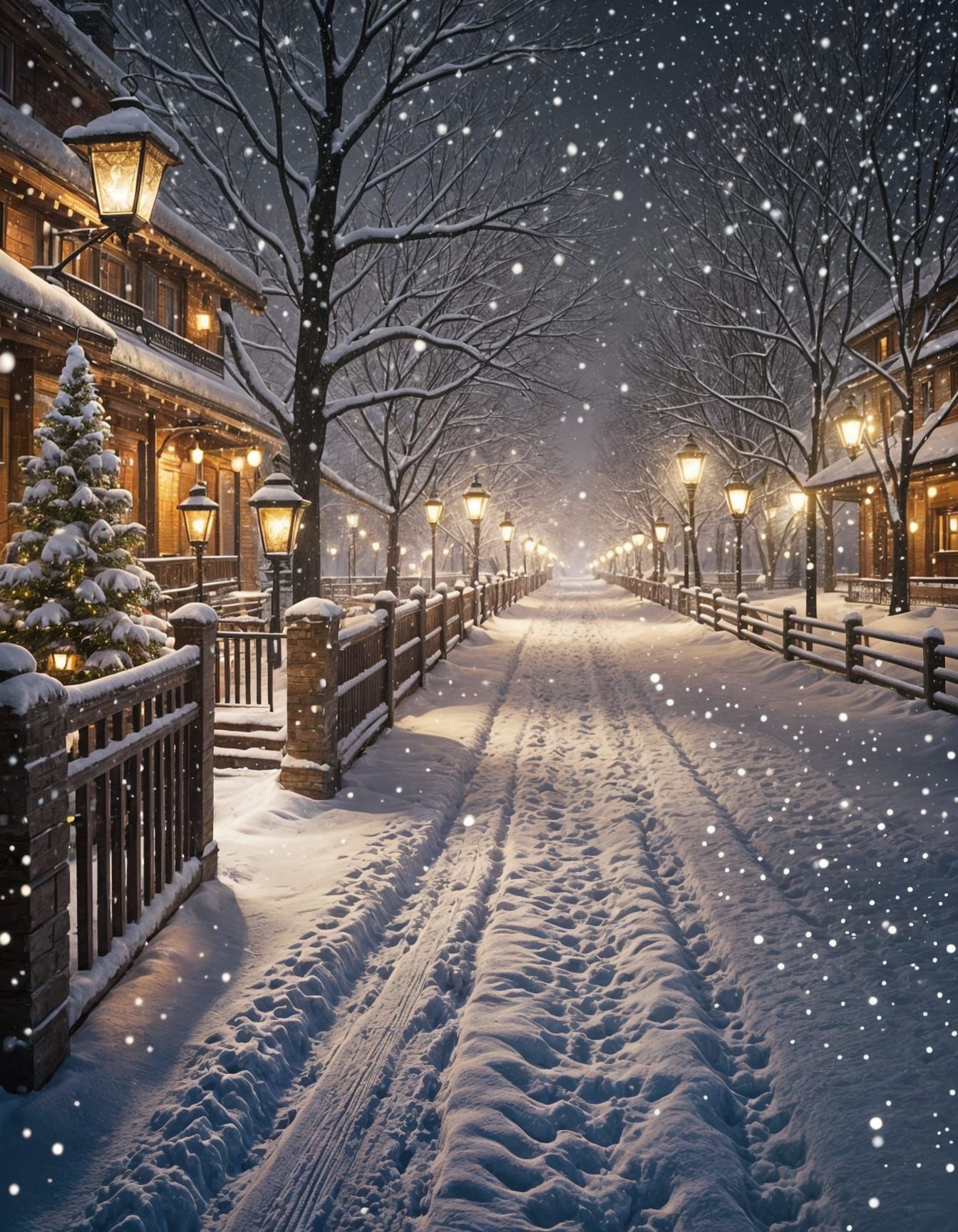 Winter Wonderland Snow Scene with Lanterns