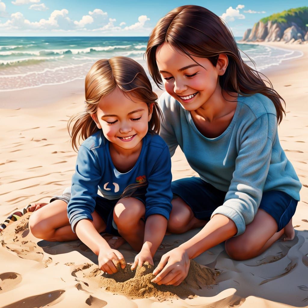 Mother and Daughter in a Cozy Beach Scene