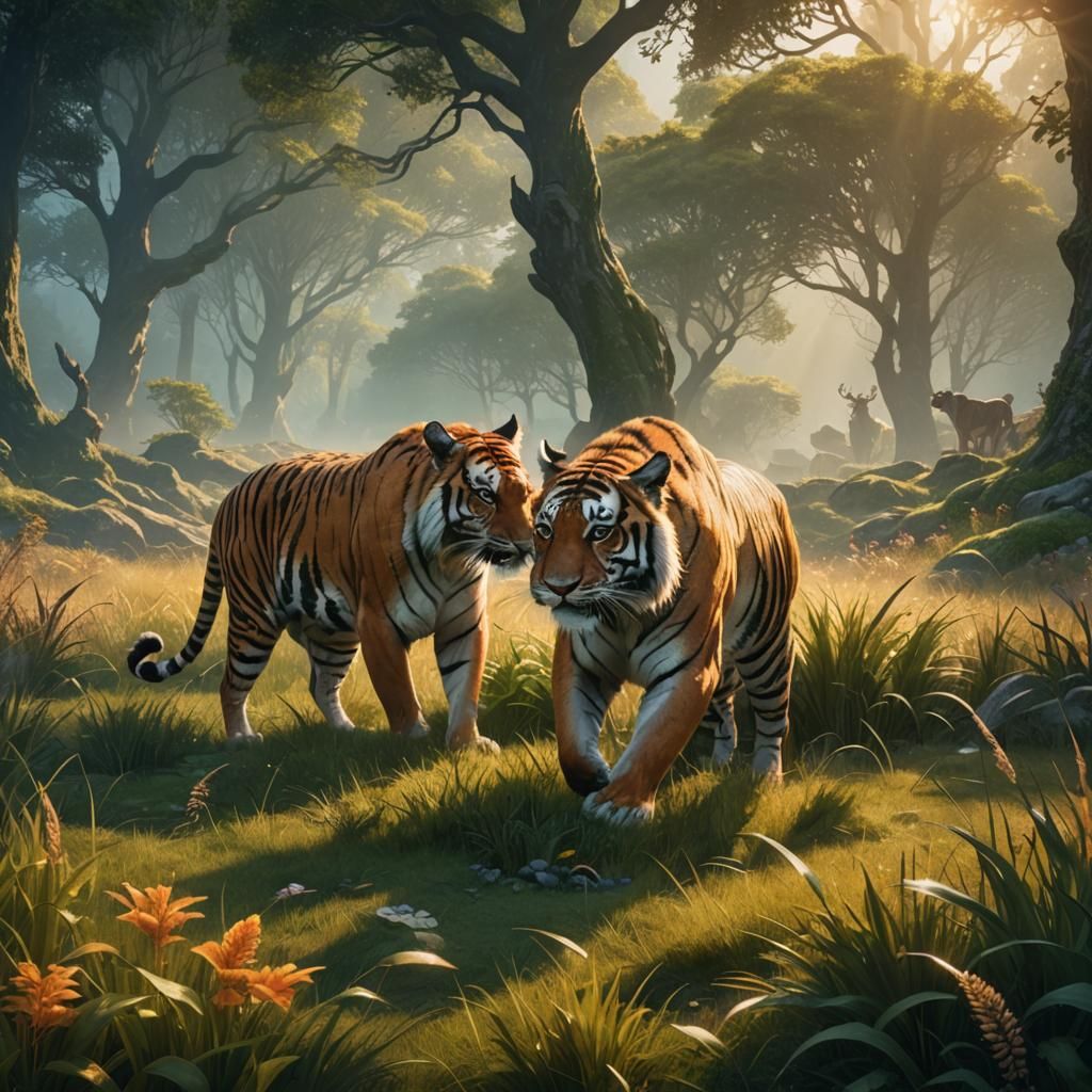 Tiger and Deer: Vibrant Fantasy Concept Art