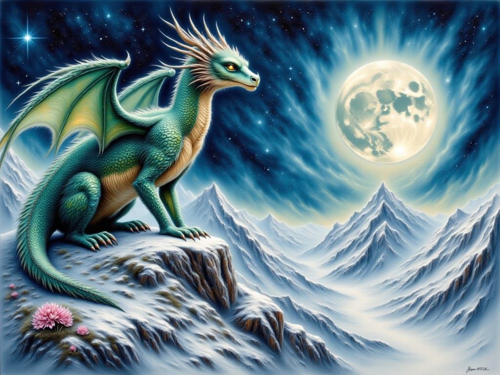 Majestic Dragon on Snowy Mountain Peak in Watercolor Style
