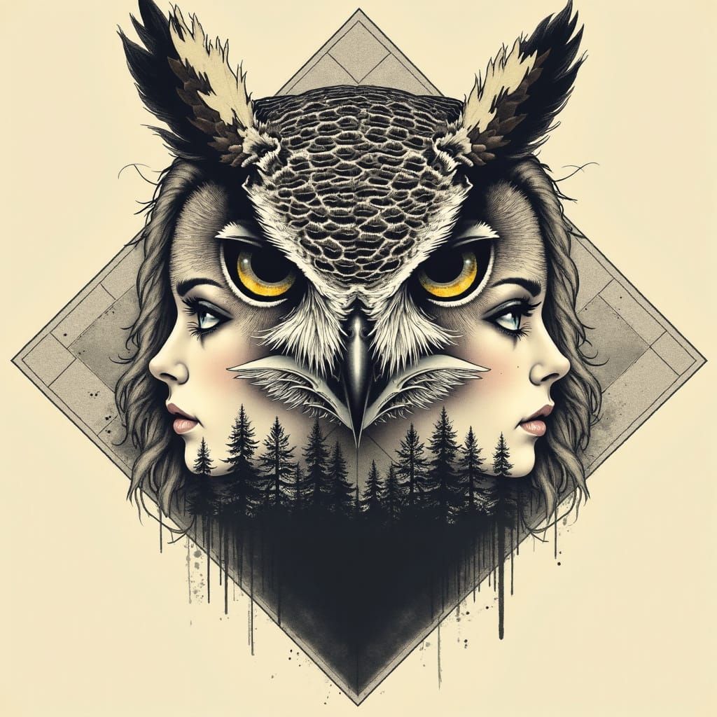 Bald Eagle Owl Tattoo Illustration with Forest and Dual Face...
