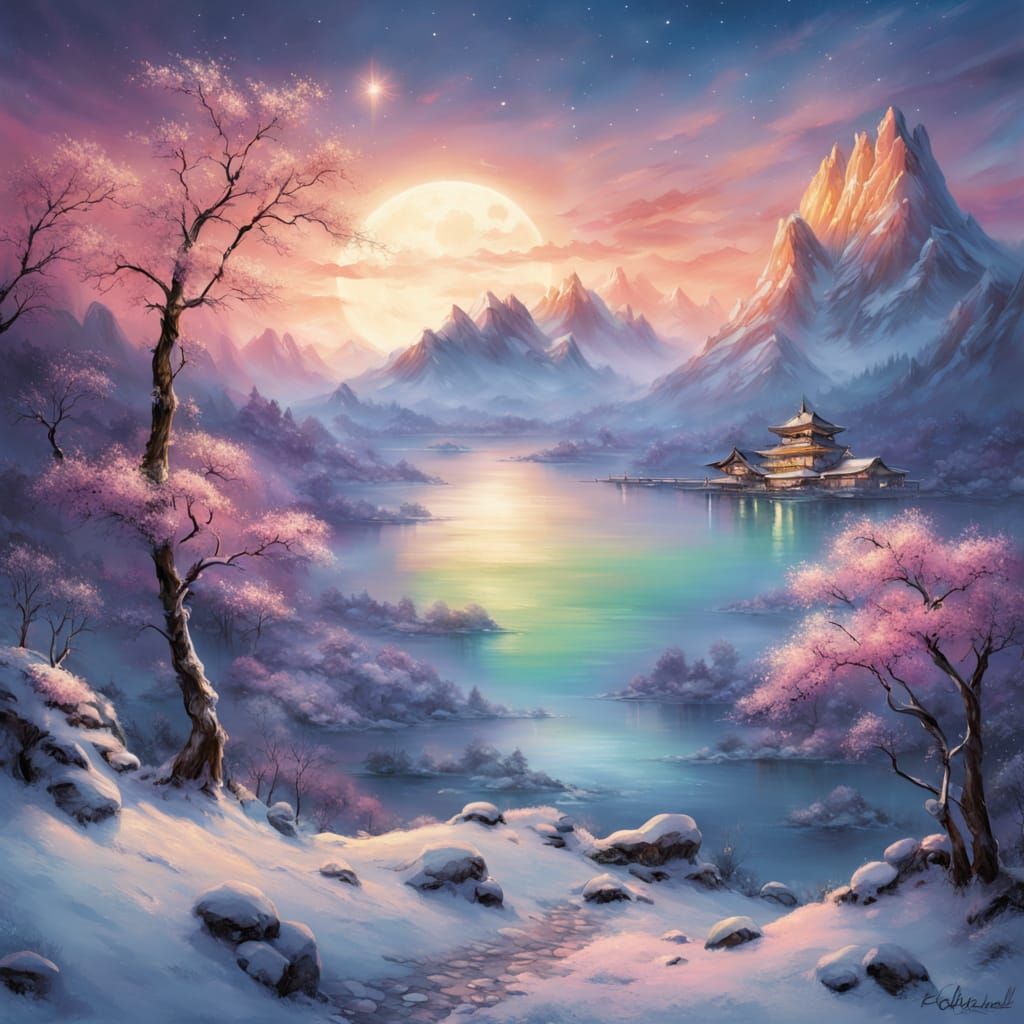 Chinese Sunrise Landscape in Watercolor Style