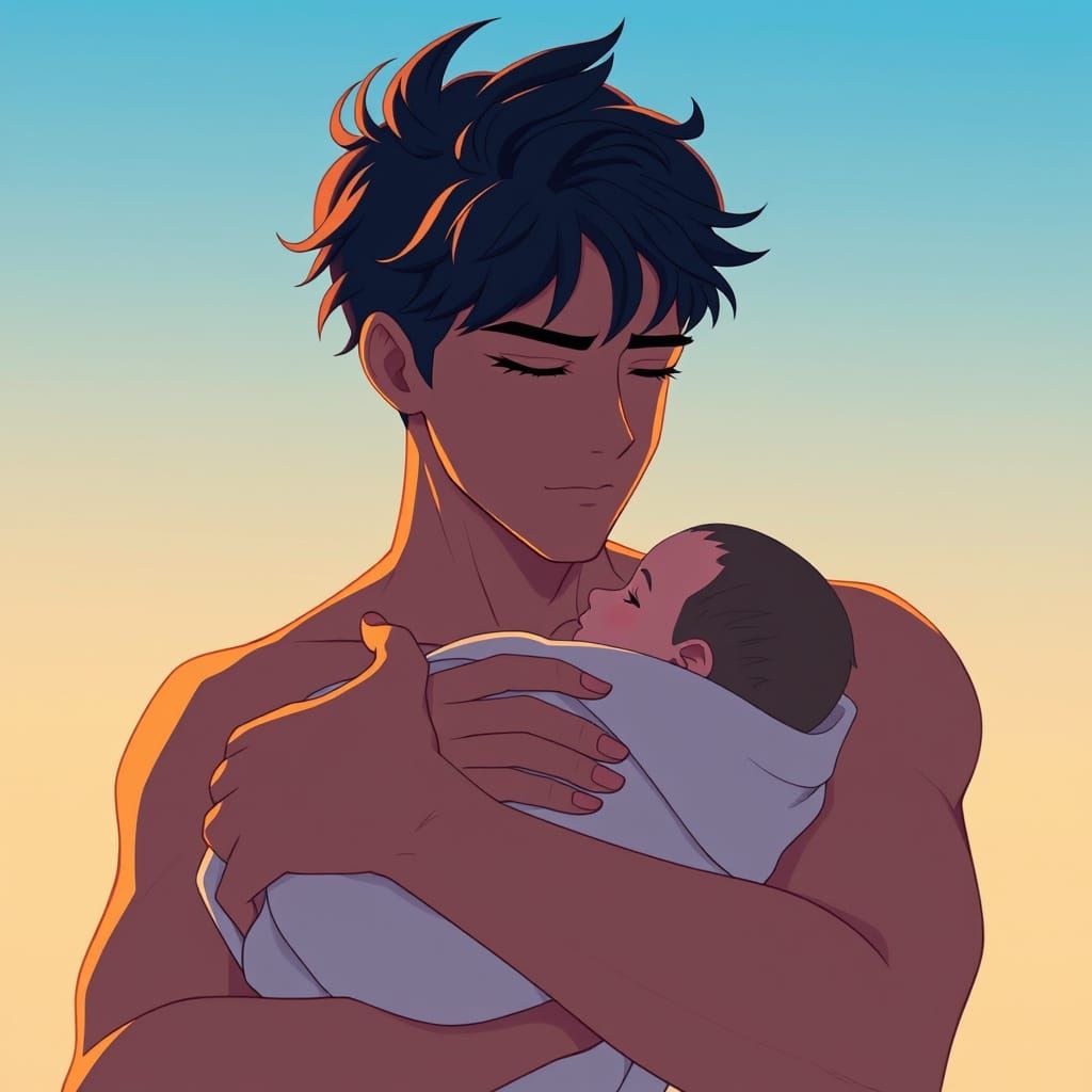 Serene Anime Boy Cradling a Baby in Soft Summer Light