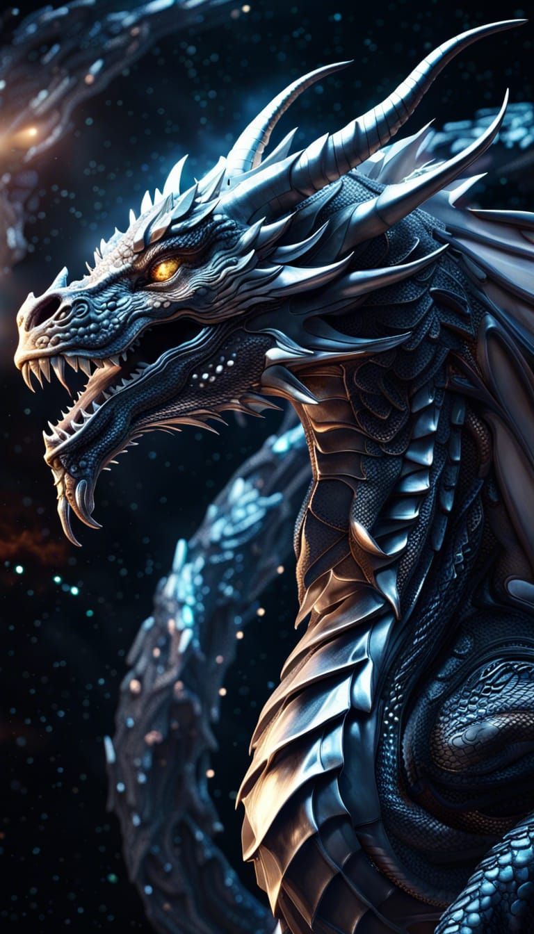 Platinum Dragon Soaring Through Space in 3D