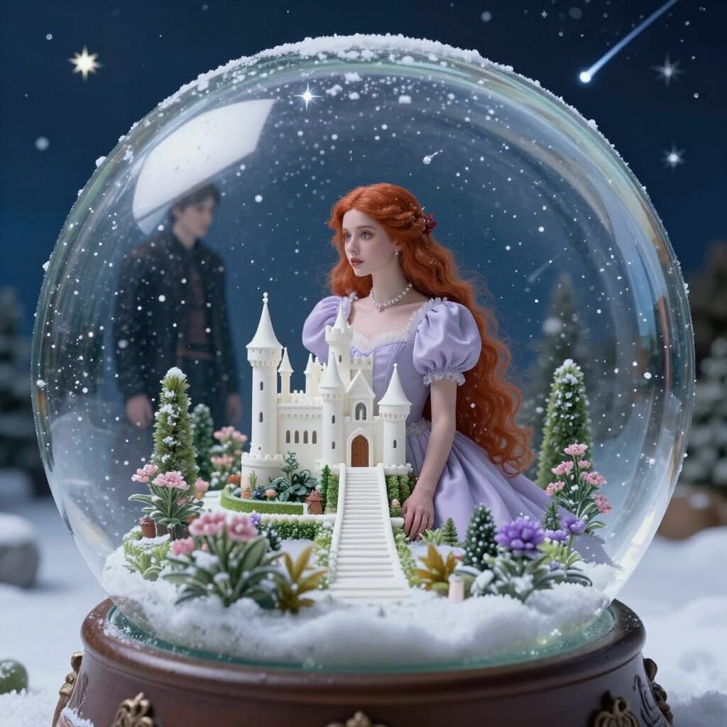 Woman in Purple Gown Beside Snow Globe Castle