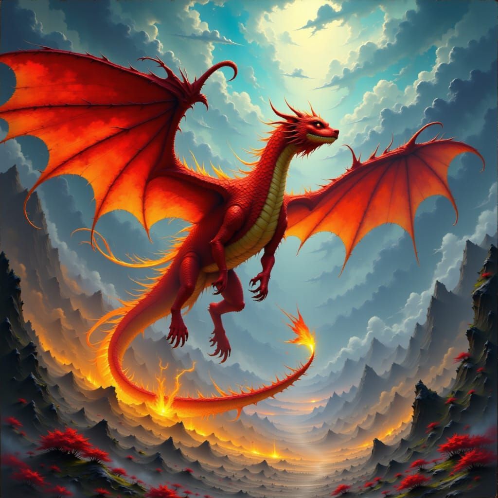 Fire-Red Dragon Soaring Through Stormy Sky as Digital Painti...