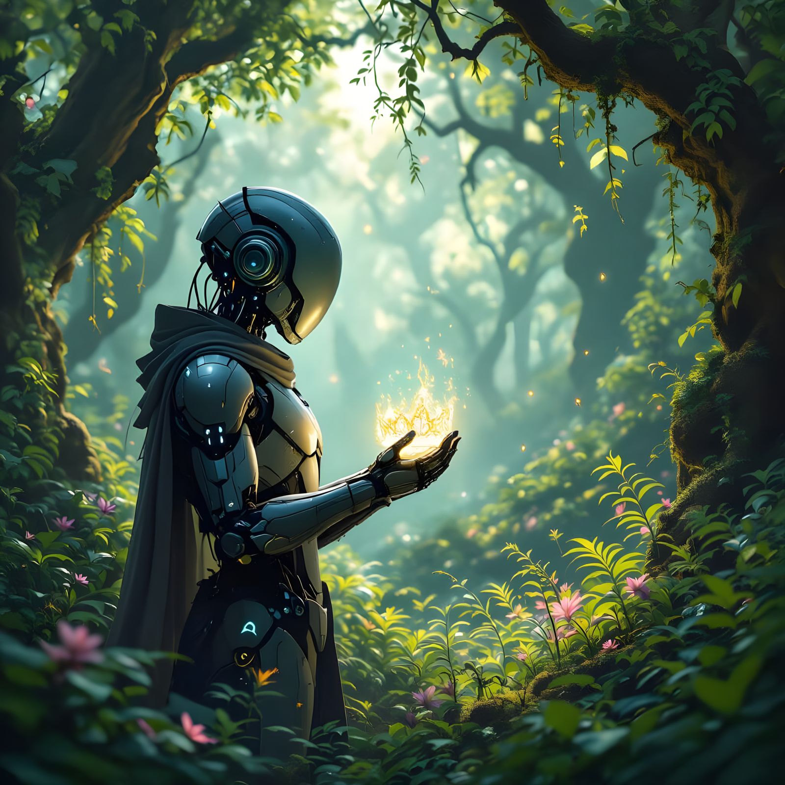 Android Explorer in Mystical Forest with Glowing Tiara