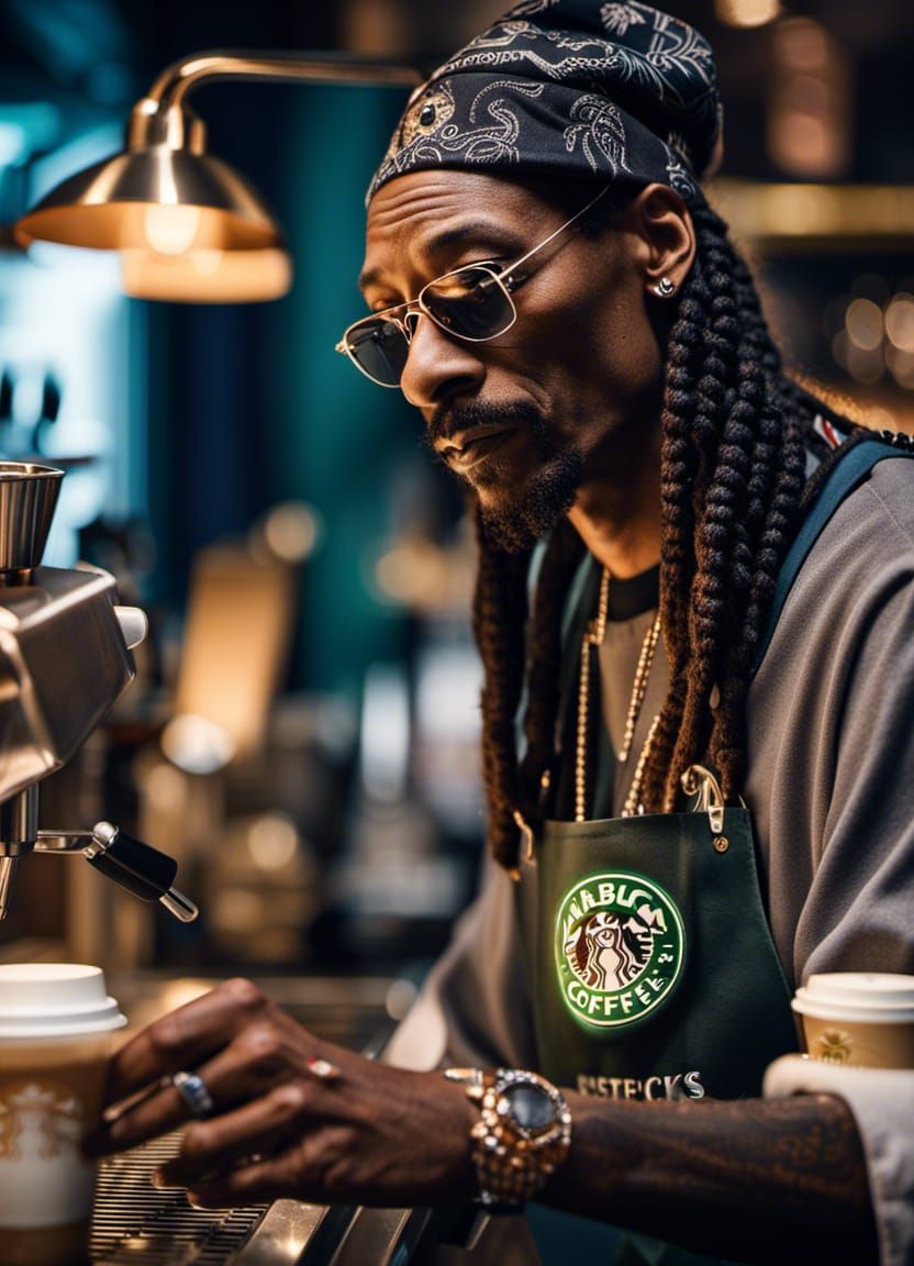Snoop Dogg working at Starbucks as a