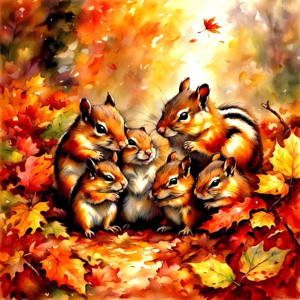 Cute Chipmunks Play in Autumn Leaves