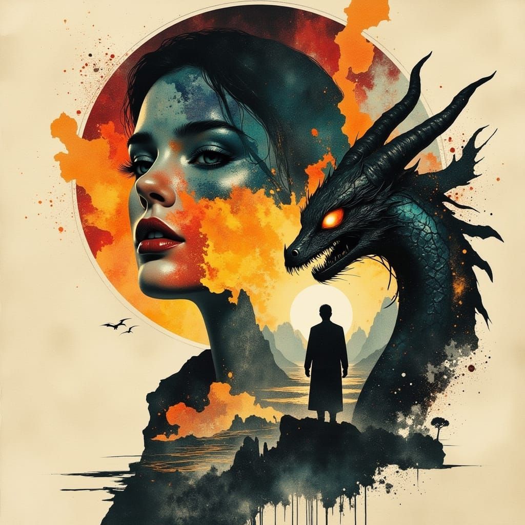 Fantasy Dragon Battles Barbarian Warrior in Epic Portraiture