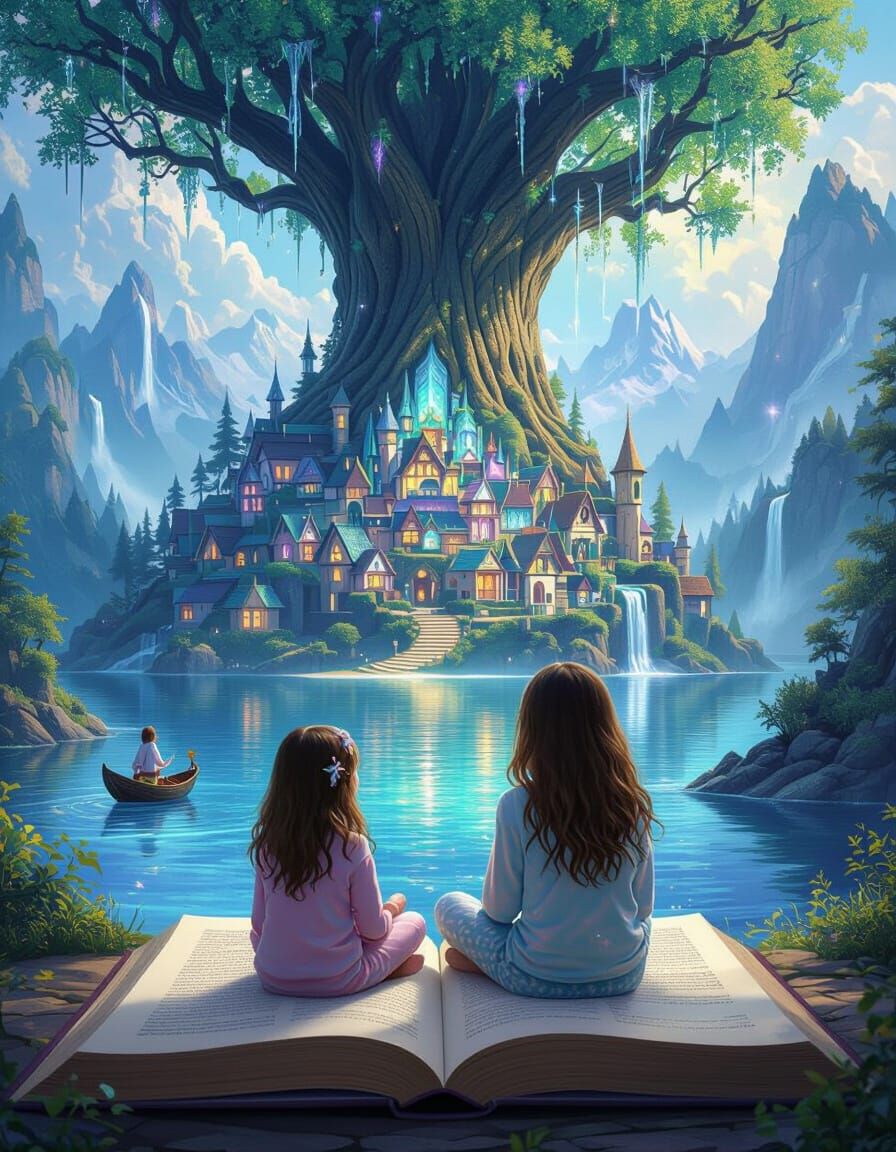 Sisters on Book Gazing at Fantasy Village in Tree
