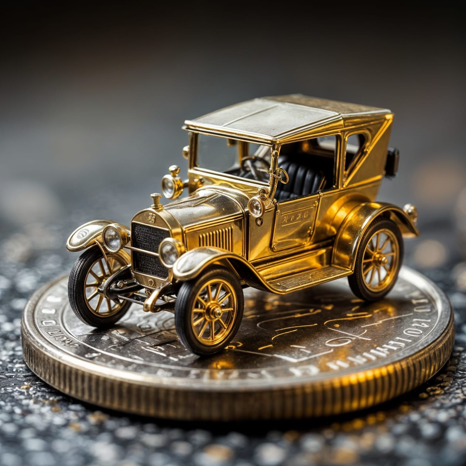 Macro Photo of Tiny Brass Clockwork Car on a Dime