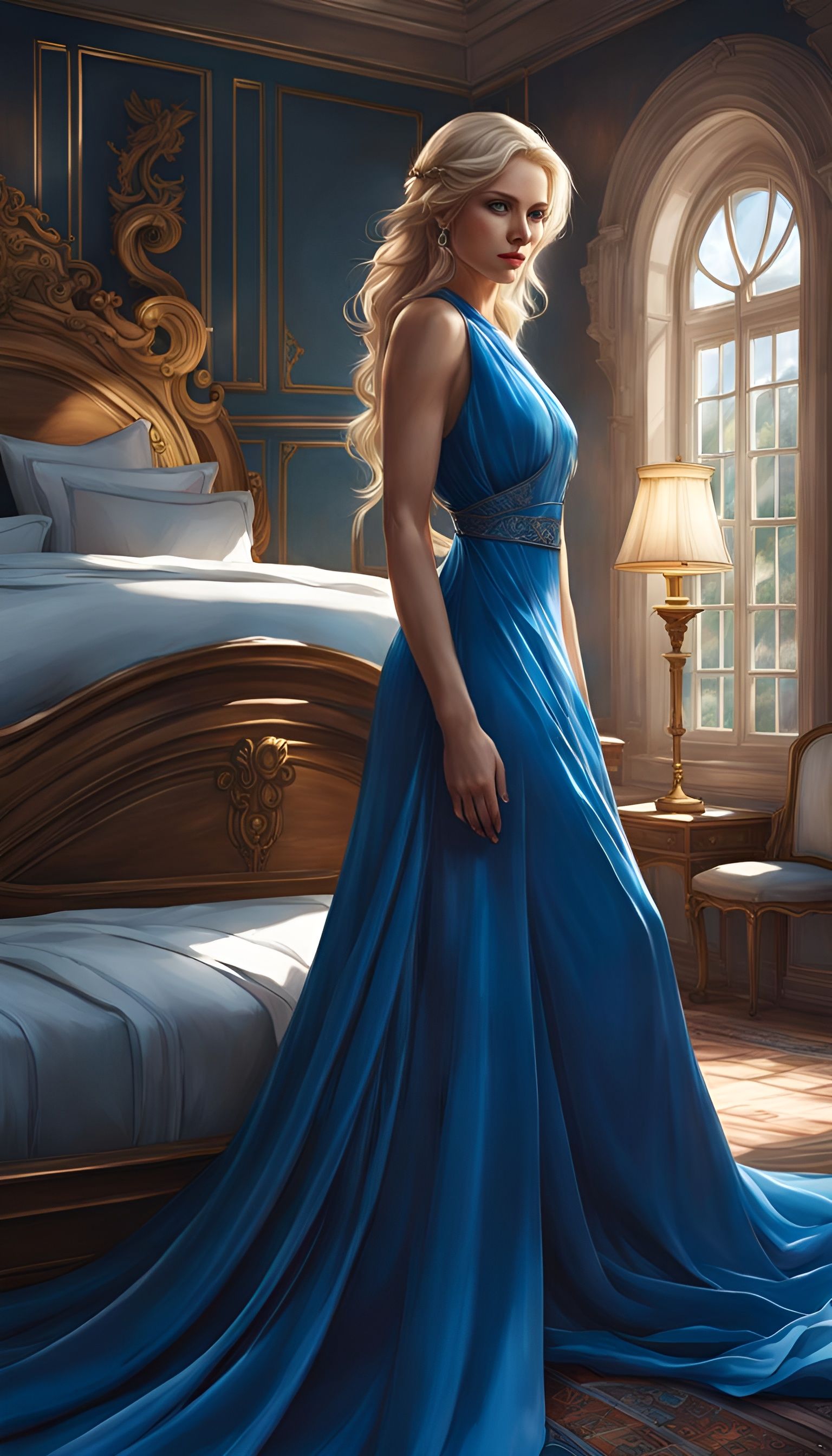 Blonde Woman in Blue Dress: Detailed Portrait