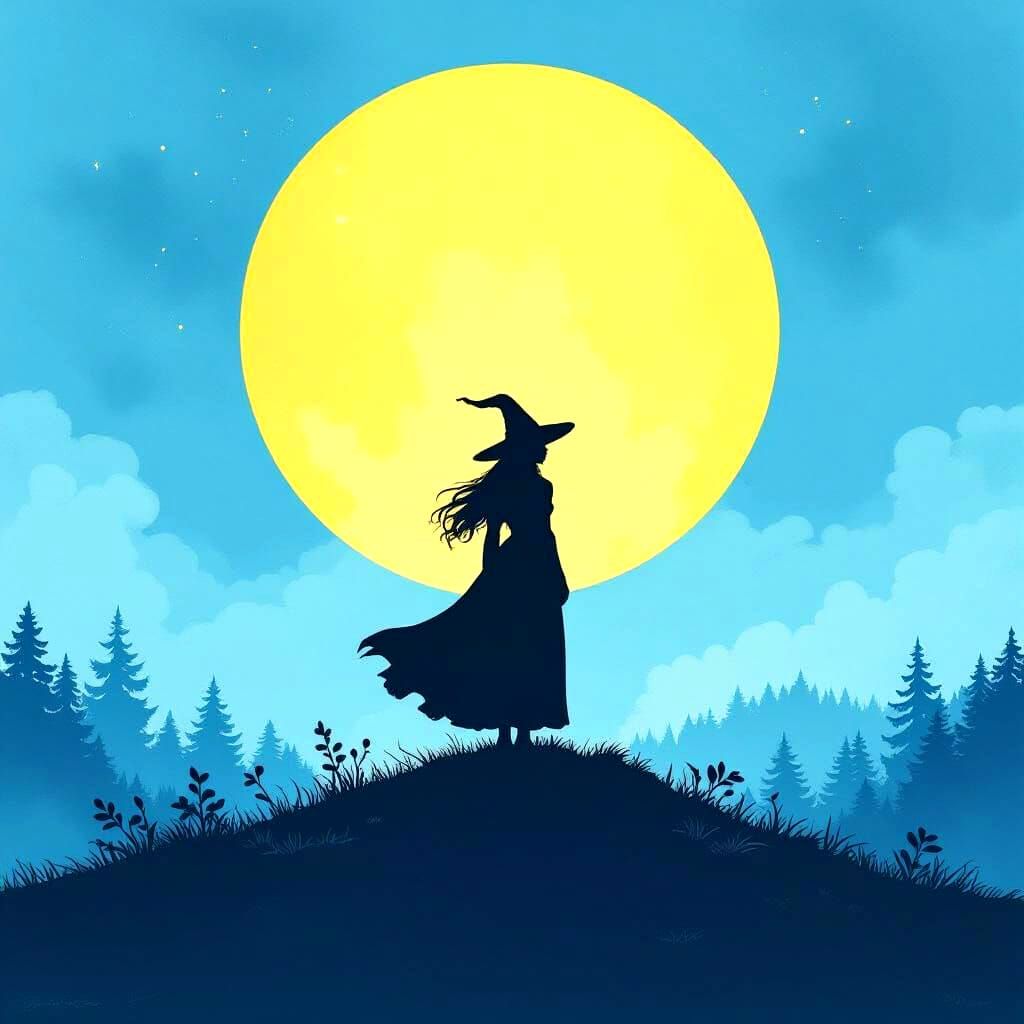 Witch Silhouette Under Moon in Watercolor Style