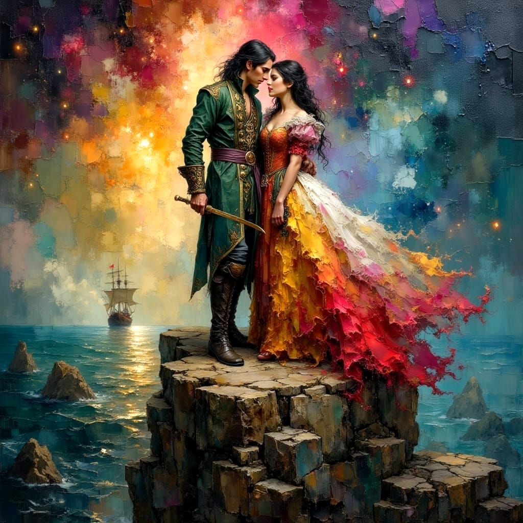 Pirate King and Queen on Ship, Impasto Oil Painting