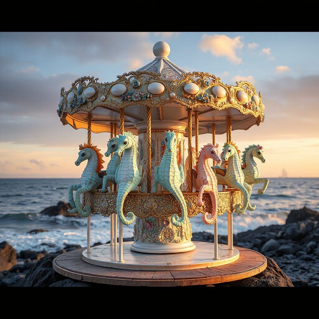 Seahorse Carousel in Sunset Ocean Light