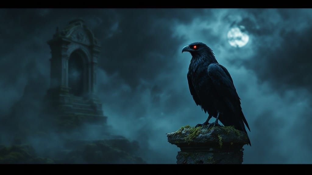 Majestic Black Falcon in Dark, Moonlit Mausoleum