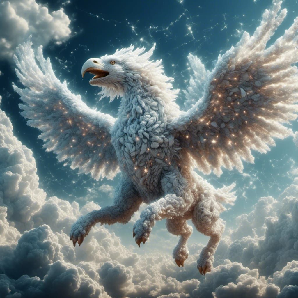 Griffin Flight in Cloudy Starry Sky