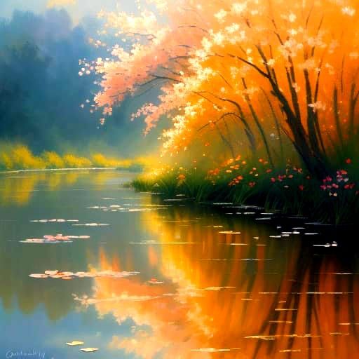 Child Watching Origami Flowers: Oil Painting