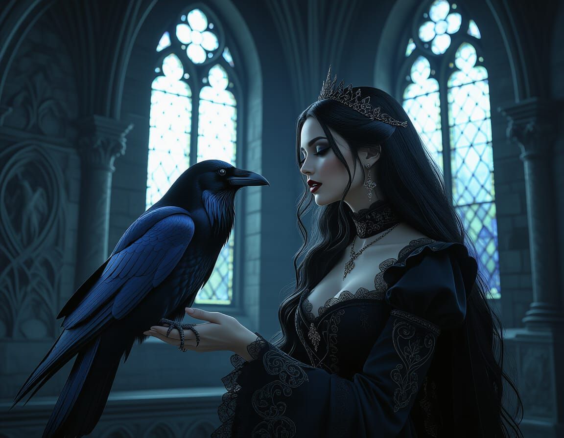 Witch and Raven in Gothic Tower Chamber