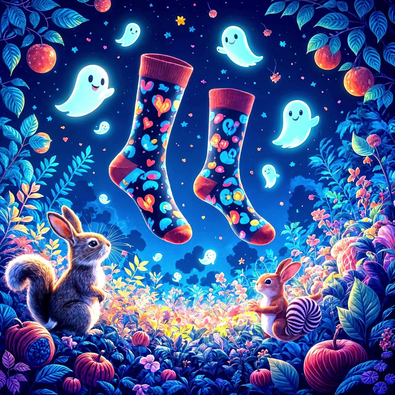 Socks Waving Surrounded by Fruit Ghosts in Neon Style