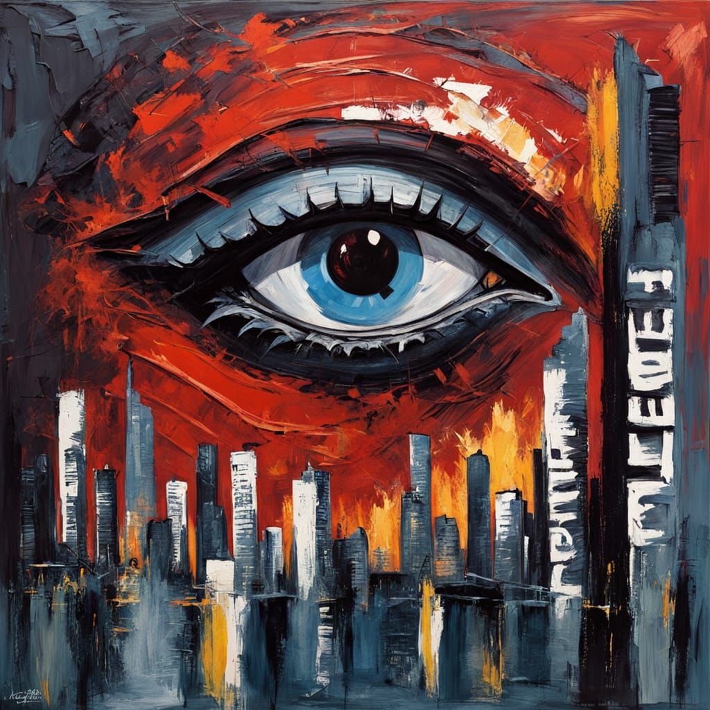 Ruined Cityscape Under the Oppressive Gaze of a Massive Eye