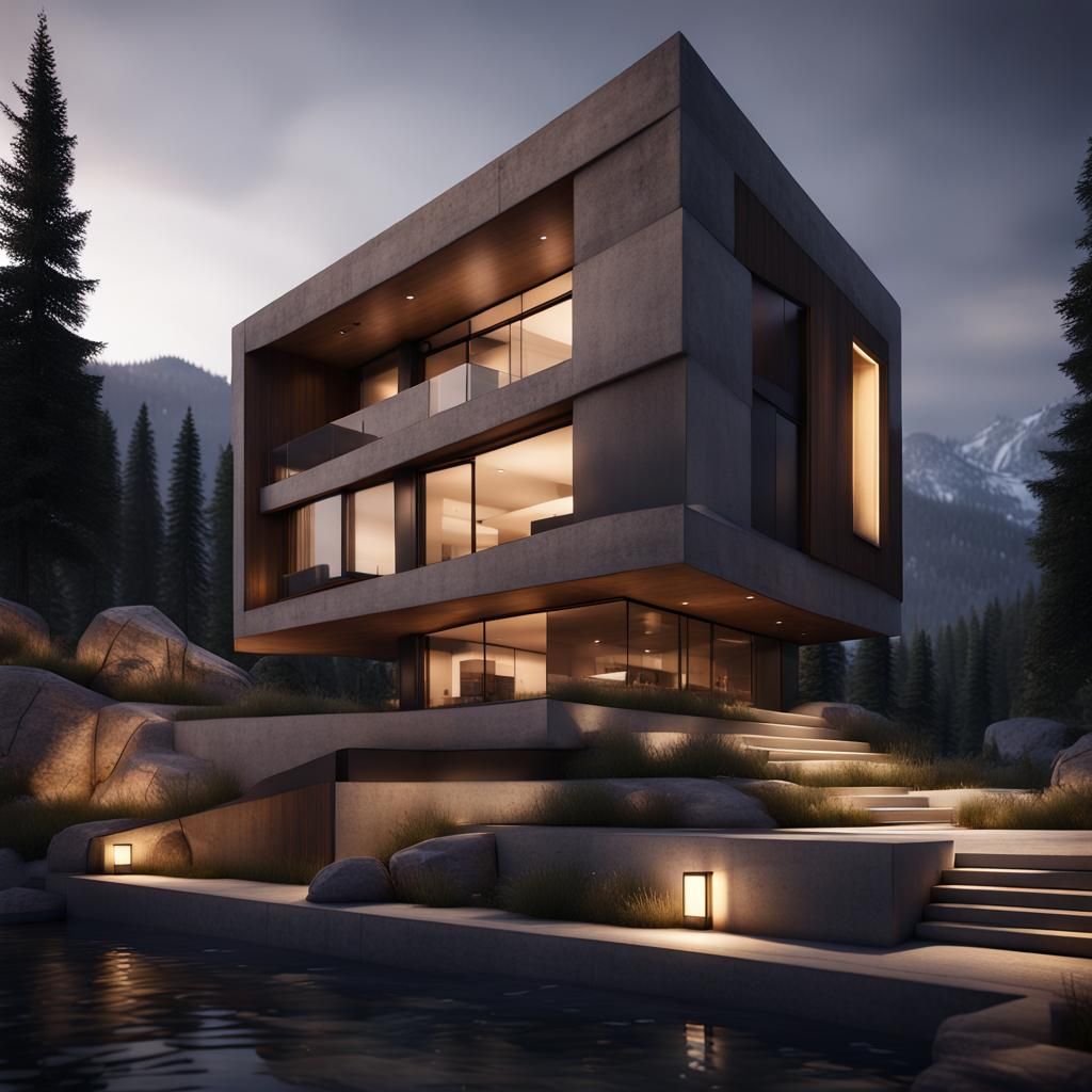 Modernist Home Merges with Rocky Mountain in 3D Render