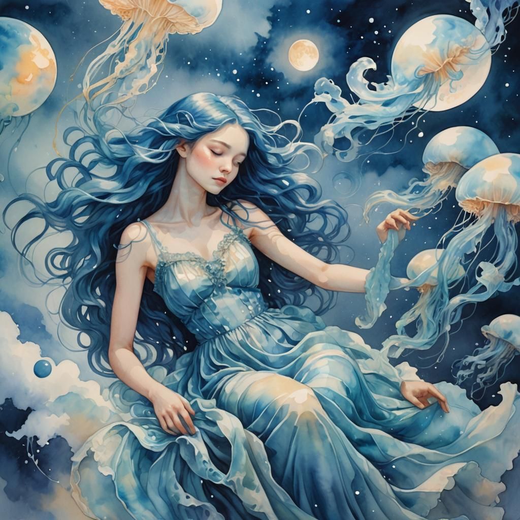 Dream in Blue: Ethereal Watercolor Fantasy
