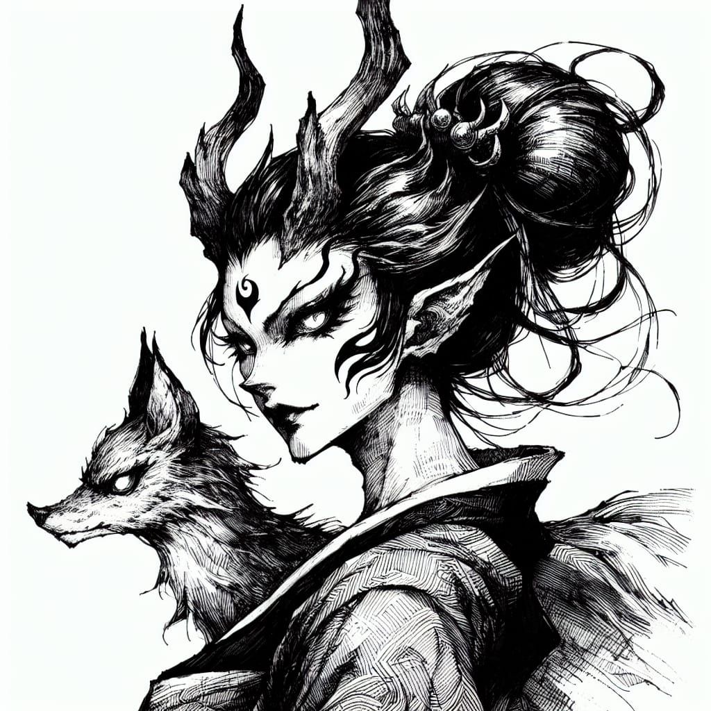Intimidating Demoness Ink Sketch in Manga Style