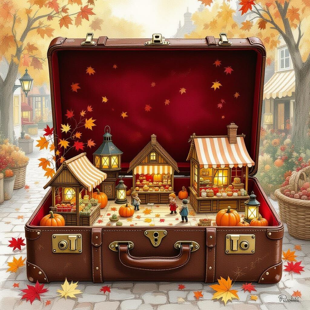 Whimsical Autumn Market Inside Antique Suitcase