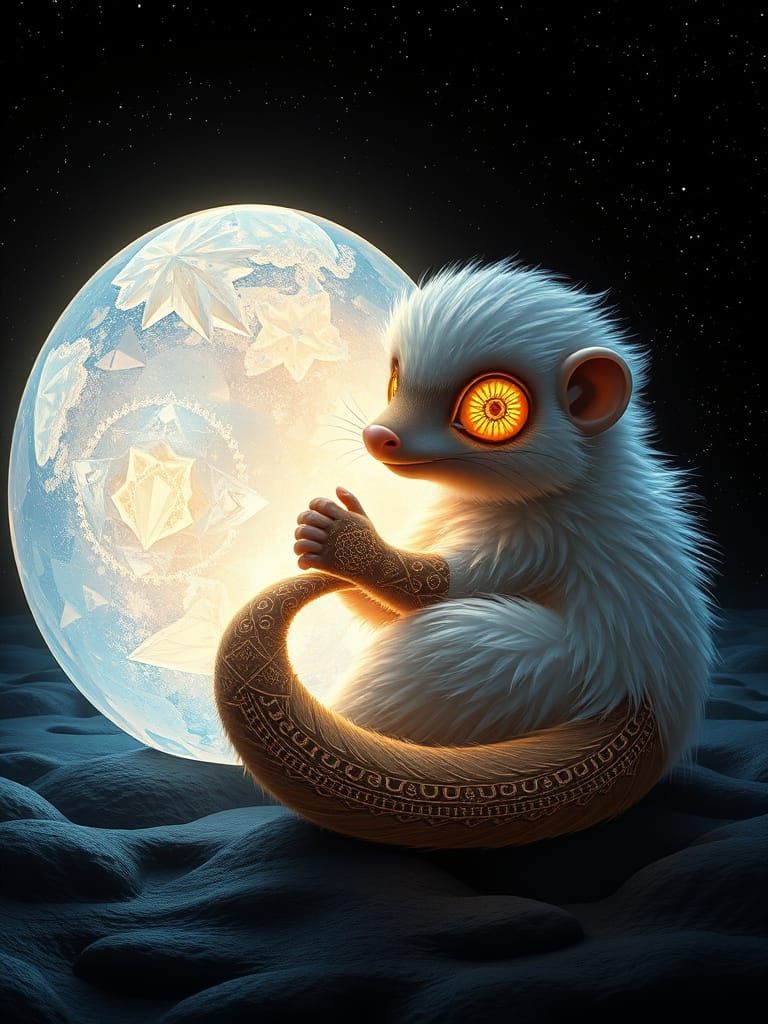 Whimsical Mongoose with Crystalline Orb in Surreal Setting