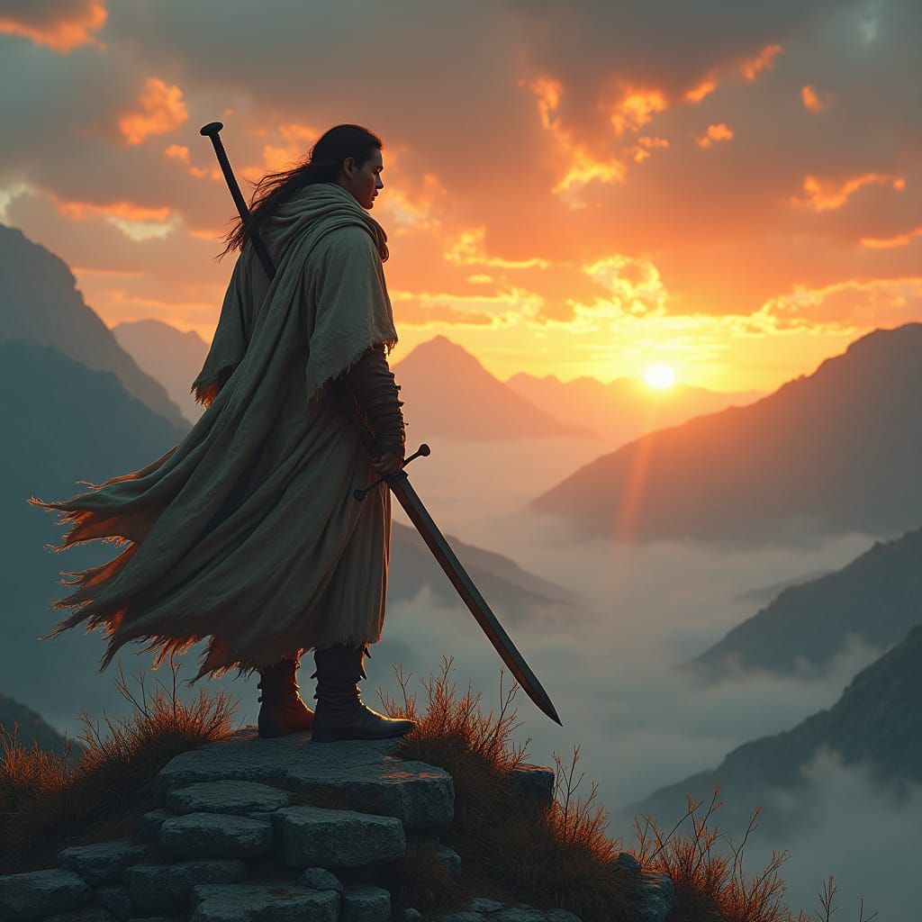 Warrior on Ancient Ruins at Sunset