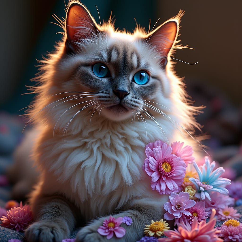 Siamese Cat Ablaze with Art Nouveau Flowers