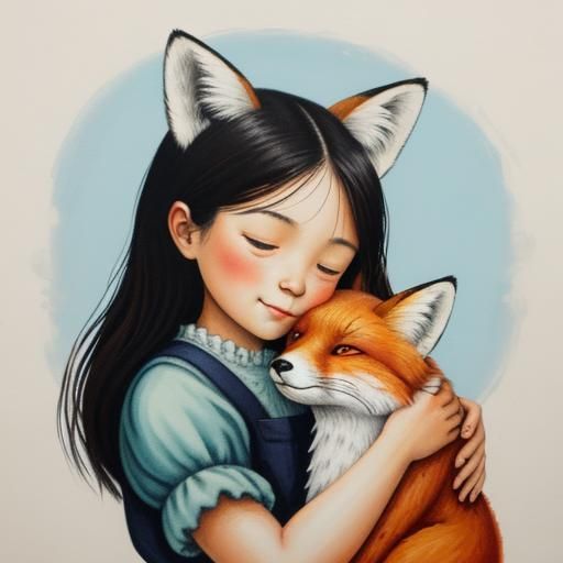 Girl's Gentle Embrace: A Gouache-Style Fox Hug