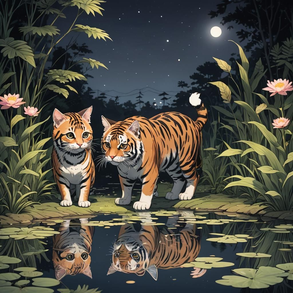 Kawaii Cat Sees Tiger Reflection at Night