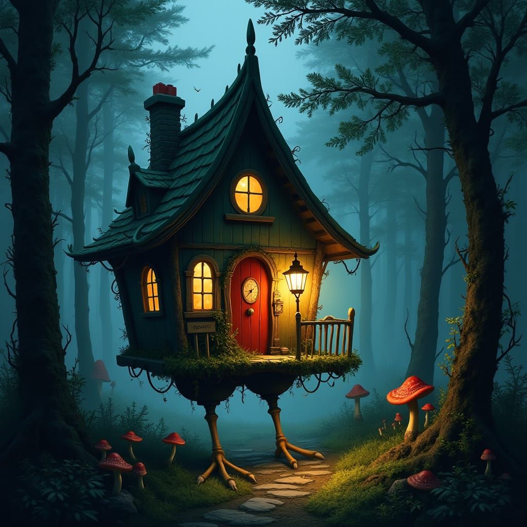 Whimsical Cottage in Dark Fantasy Forest