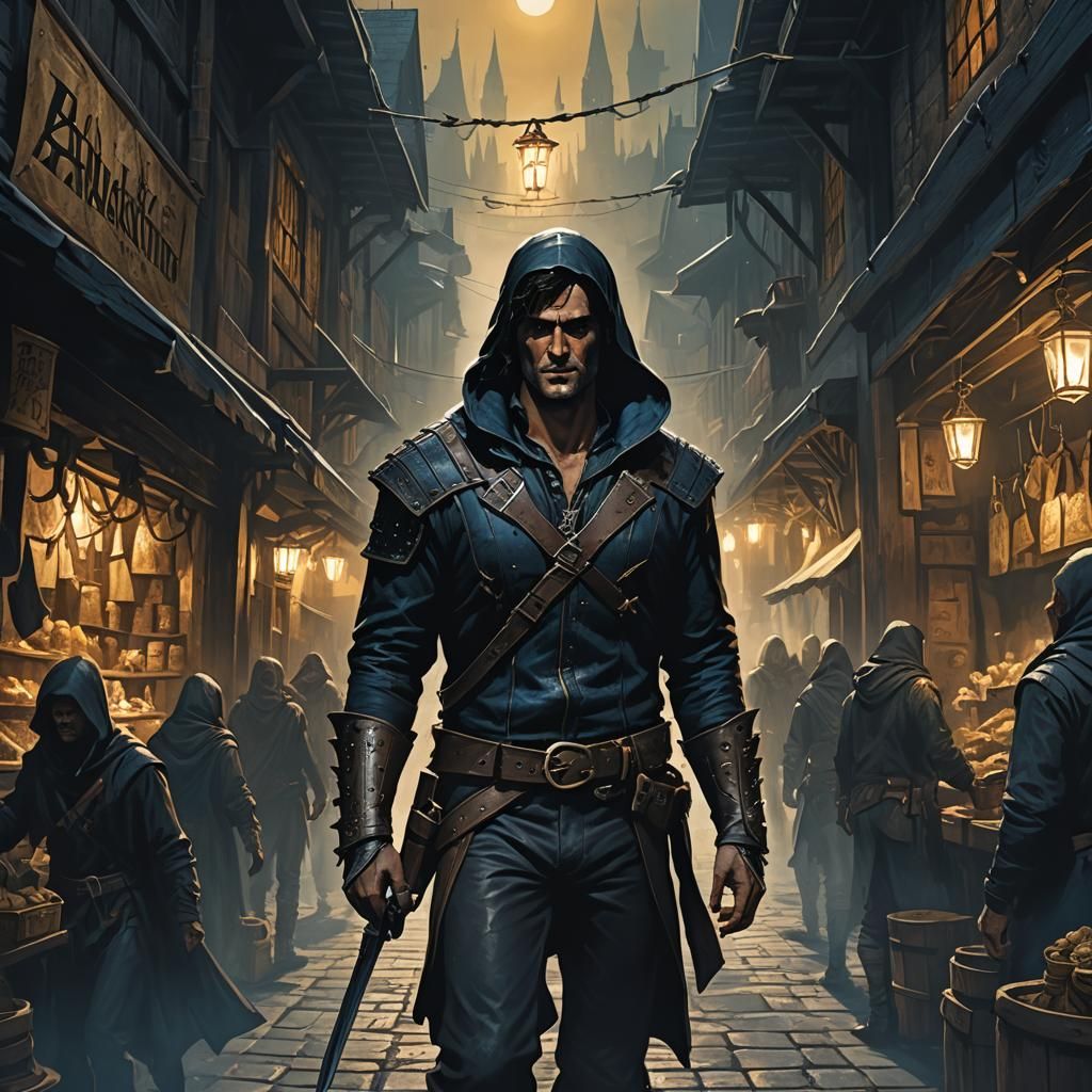 Medieval Thief in Dark Market, Fantasy Art