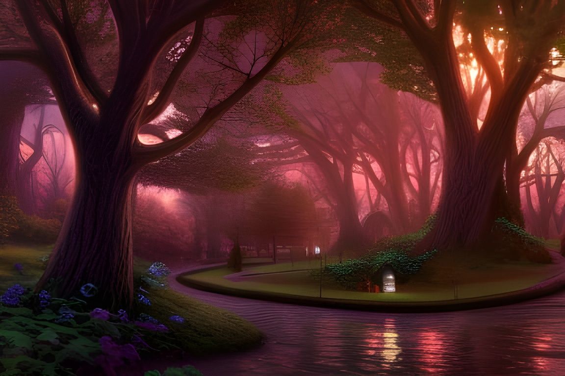 Mystical Secret Garden with Enchanted Tree Digital Painting
