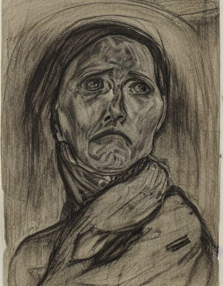 Melancholic Woman in Charcoal, Inspired by Expressionist Mas...