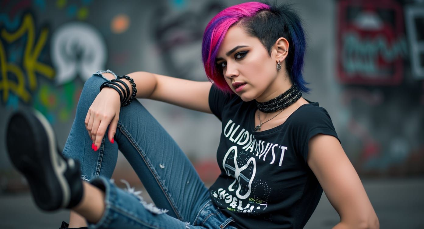Punk Girl with Asymmetrical Hairstyle in Urban Setting