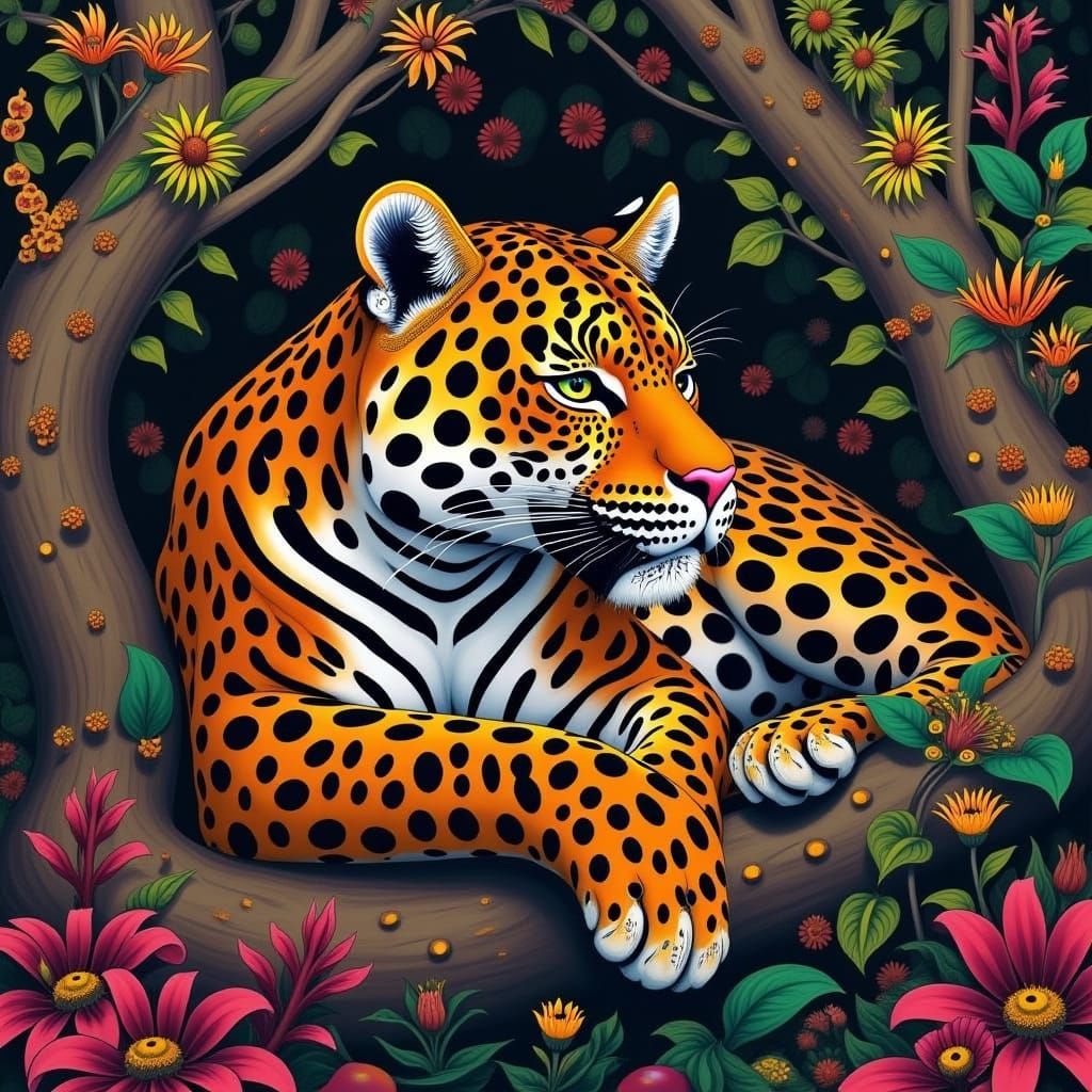 Vibrant Hyperrealistic Leopard in Tropical Tree
