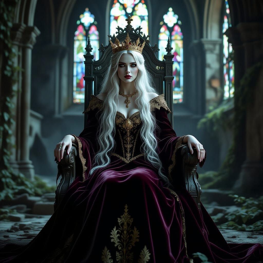 Gothic Queen on Crumbling Throne in Baroque Style