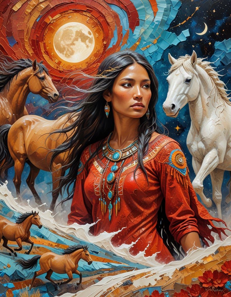 Native American Woman in Surreal Impasto Lunar Landscape