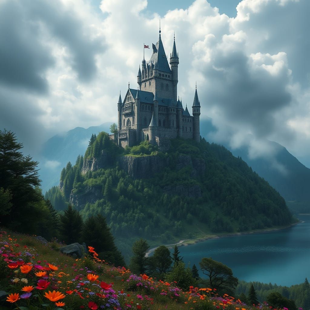 Ethereal Castle Amidst Majestic Mountain Landscape