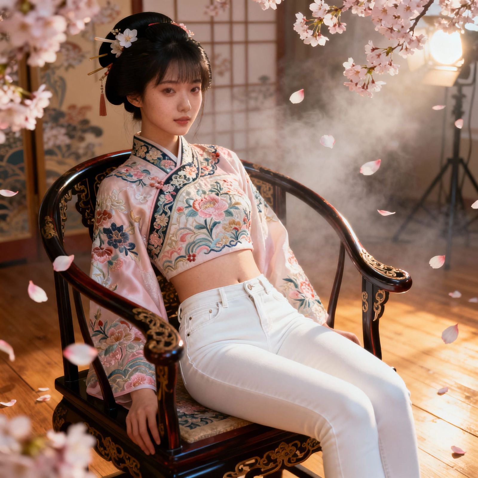 Japanese Geisha in Modern Attire Amidst Cherry Blossoms